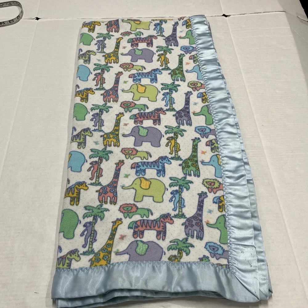 Vintage Blanket‎ Baby Boy Blue Animal Print Satin Trim Zoo Monkey Elephant Lion
